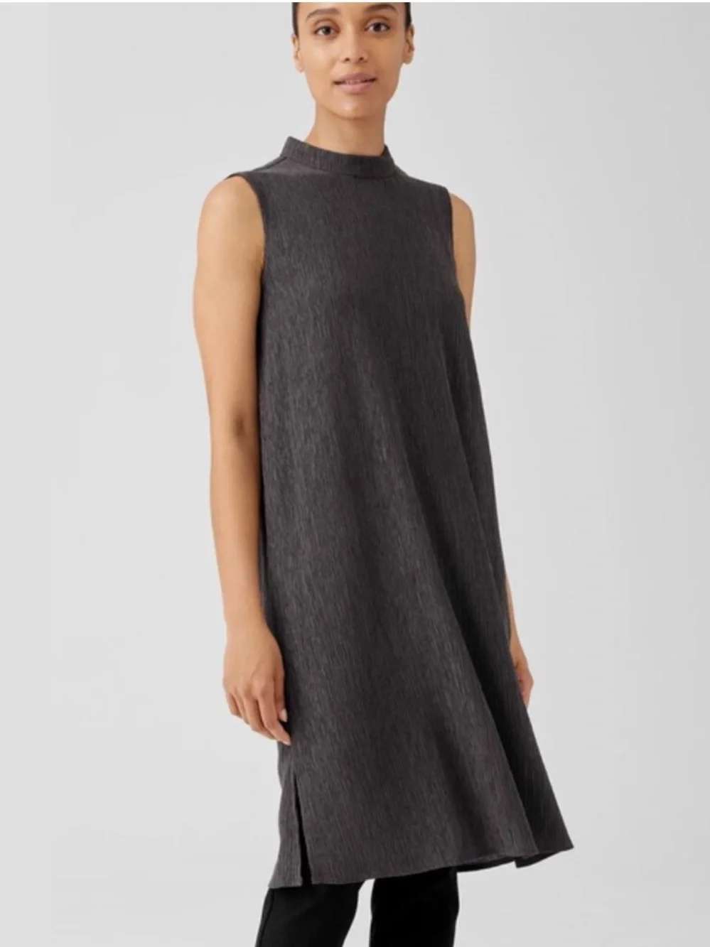 Eileen Fisher NWT Woven Plissé Mock Neck Dress Rye Color Size XL